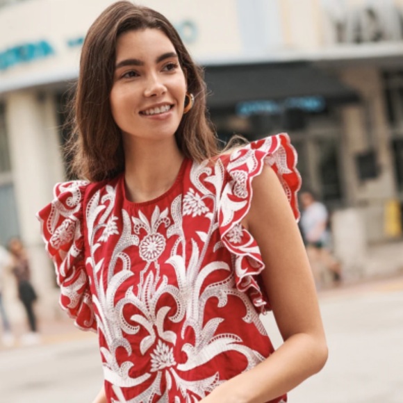 Express Red Embroidered Ruffled Top, Size Large - Picture 6 of 10